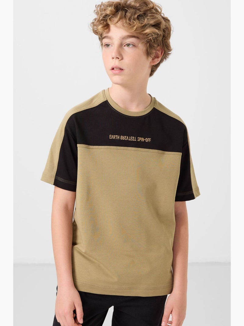 T-shirt enfant oversize col rond tommy Noir Kaki - Kiabi