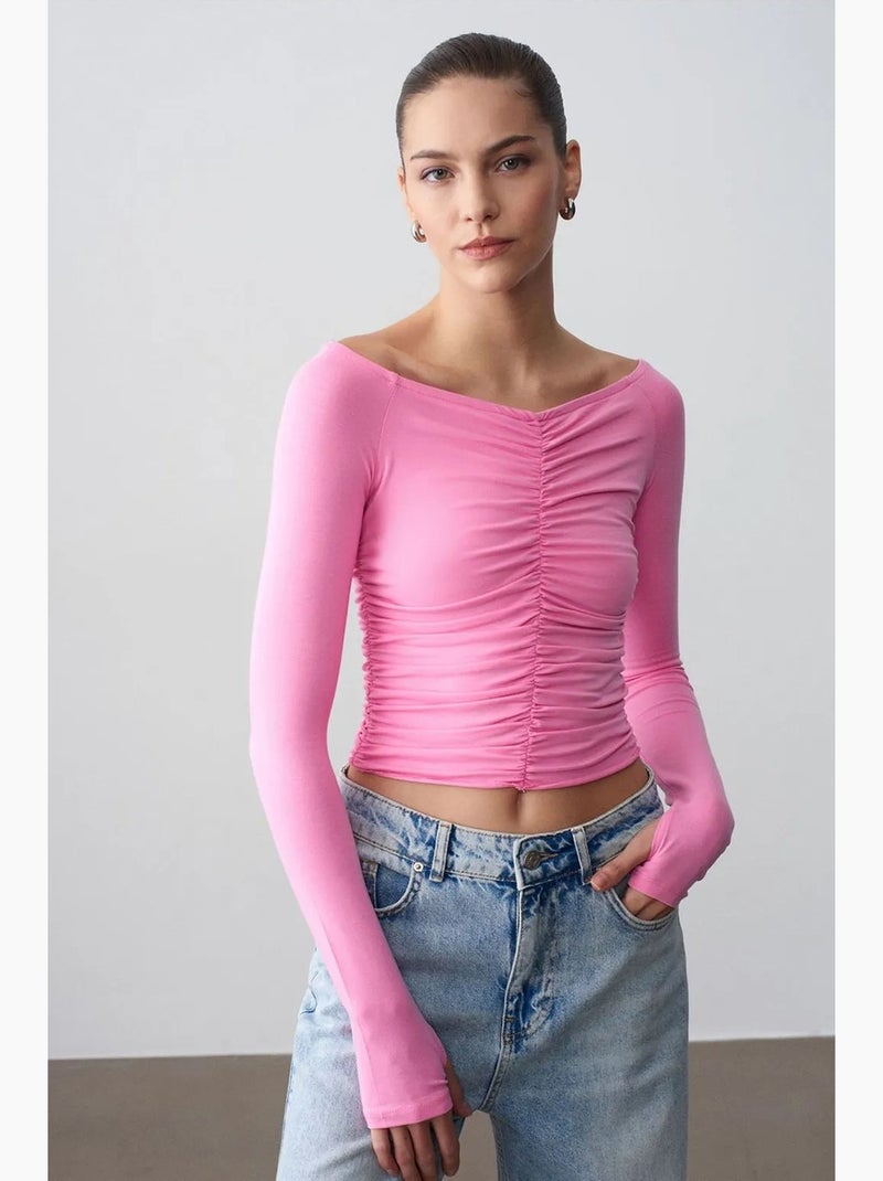T-shirt épaules dénudées court manches longues dilvin Rose fluo/Solinotes - Kiabi