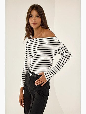 T-shirt épaules dénudées rayé côtelé manches longues hiccup