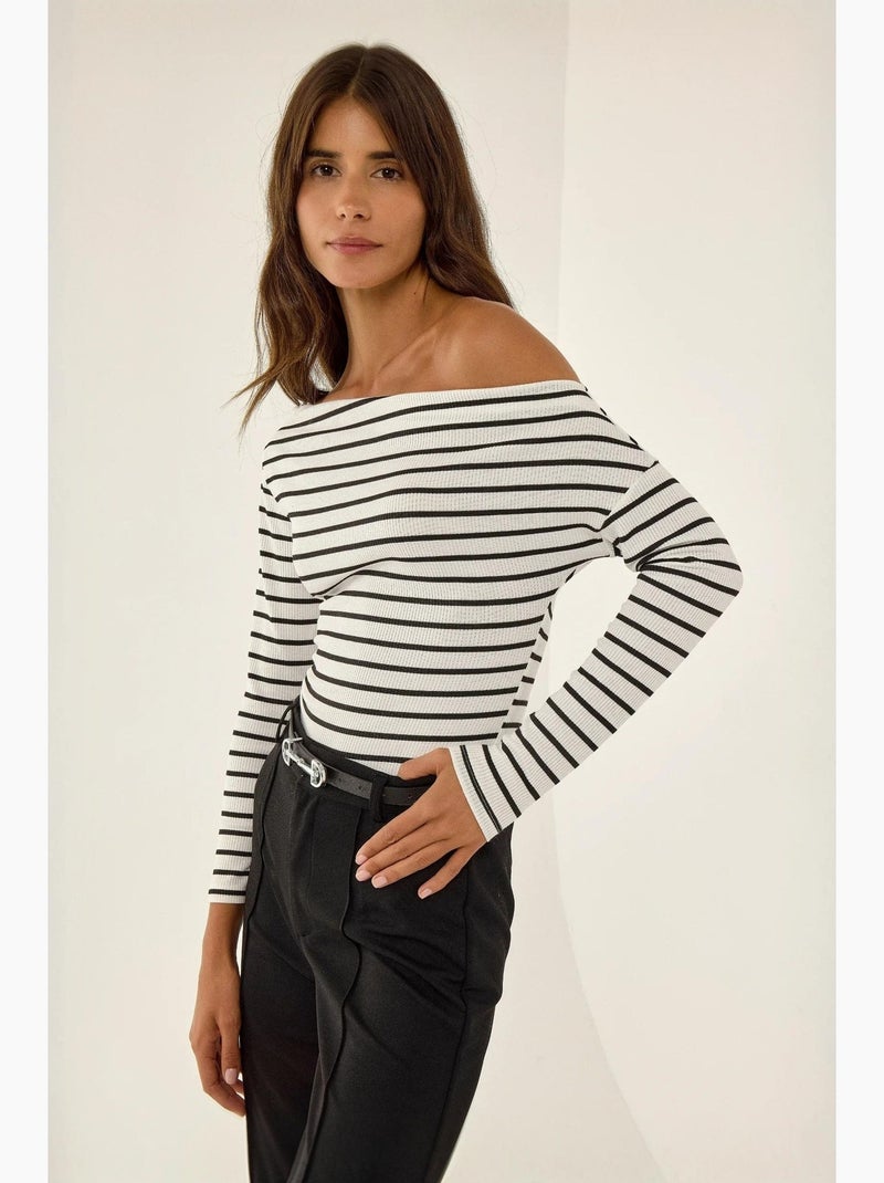 T-shirt épaules dénudées rayé côtelé manches longues hiccup Blanc - Kiabi
