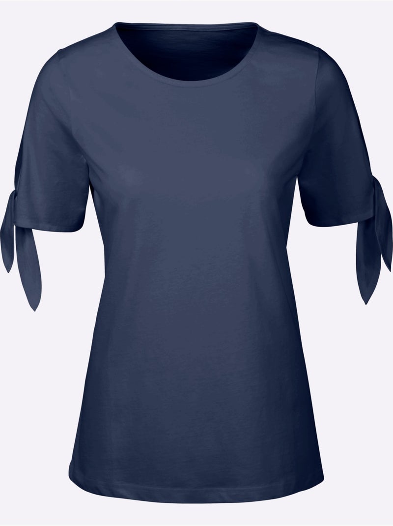 T-shirt estival à petites fentes et manches légères à nouer - Taille standard - Moda Vilona Bleu marine - Kiabi
