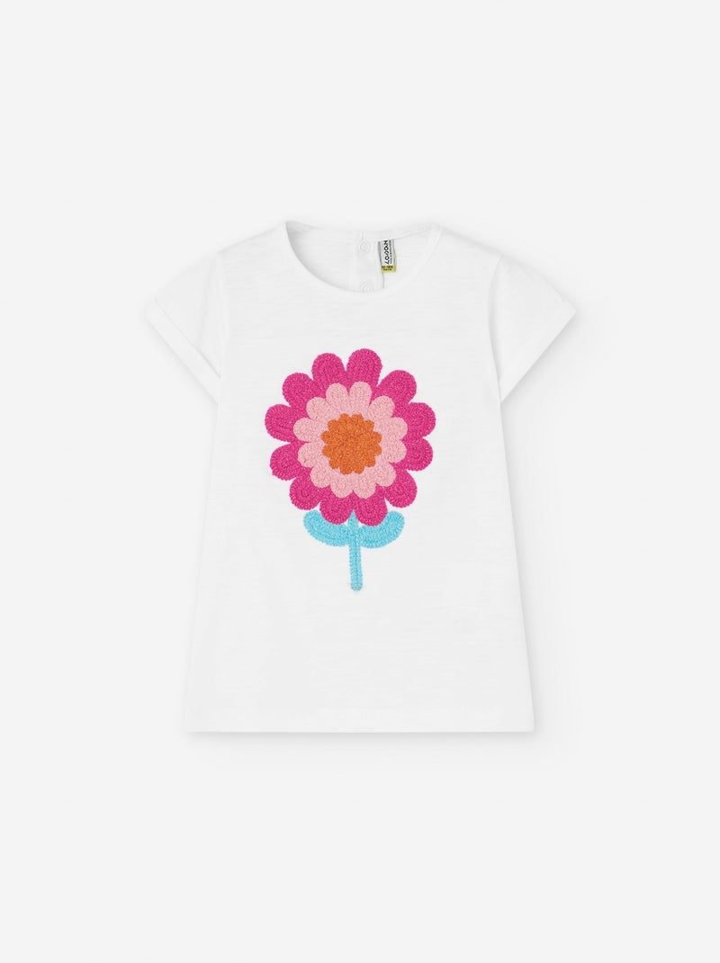 T-shirt Évasé avec Fleur en Bouclé Blanc - Kiabi