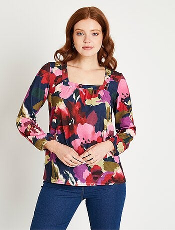 T-shirt évasé long col carré imprimé