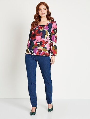 T-shirt évasé long col carré imprimé
