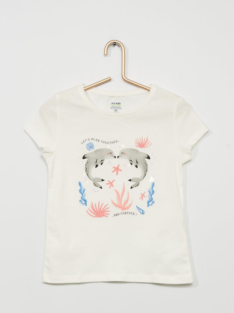 T-shirt fantaisie à col rond Blanc - Kiabi