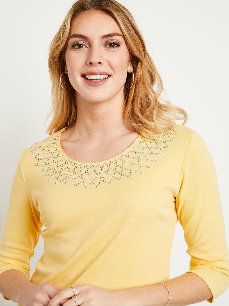 T-shirt fantaisie cloutée manches 3/4 Jaune - Kiabi