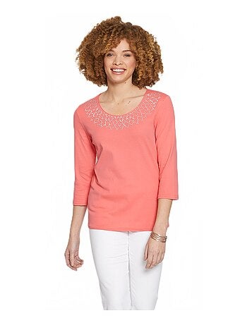 T-shirt fantaisie cloutée manches 3/4
