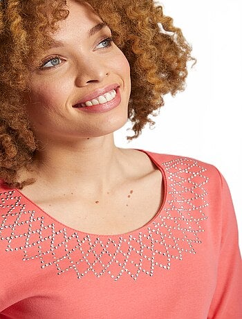 T-shirt fantaisie cloutée manches 3/4