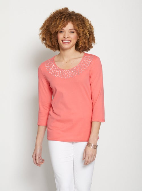 T-shirt fantaisie cloutée manches 3/4 - Kiabi