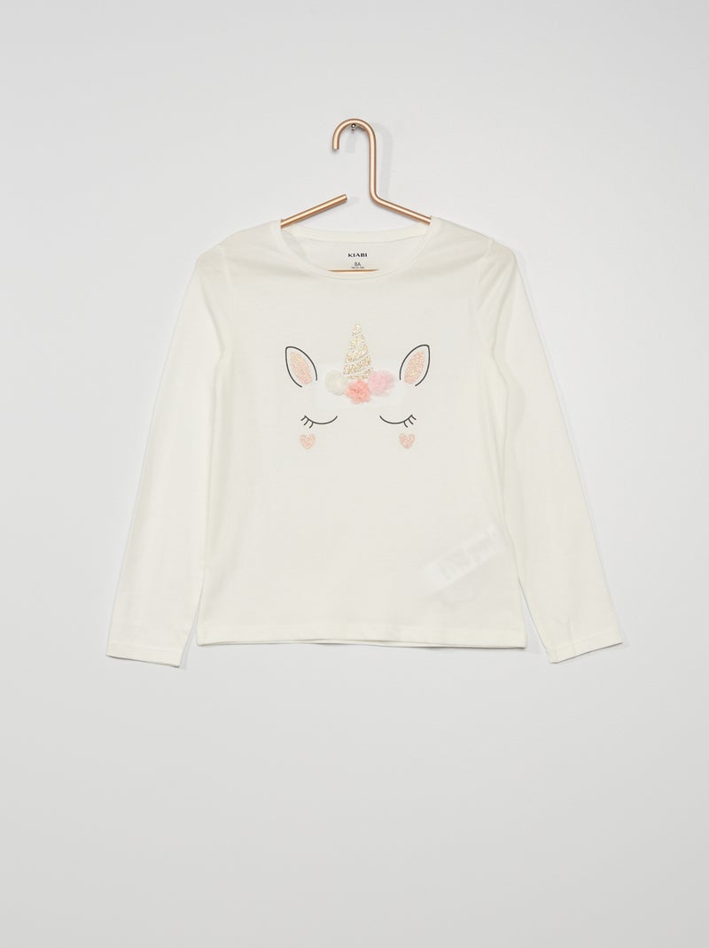 T-shirt fantaisie en coton blanc licorne - Kiabi