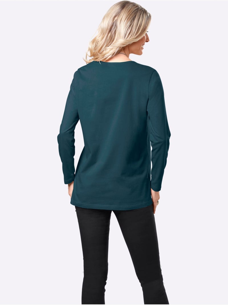 T-shirt féminin confortable à manches longues avec col rond - Taille standard - Moda Vilona Bleu pétrole - Kiabi