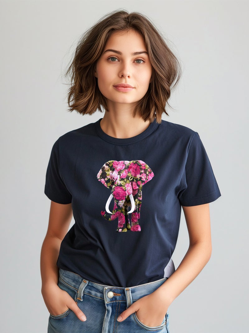 T-shirt Femme - FLORAL ELEPHANT Bleu marine - Kiabi