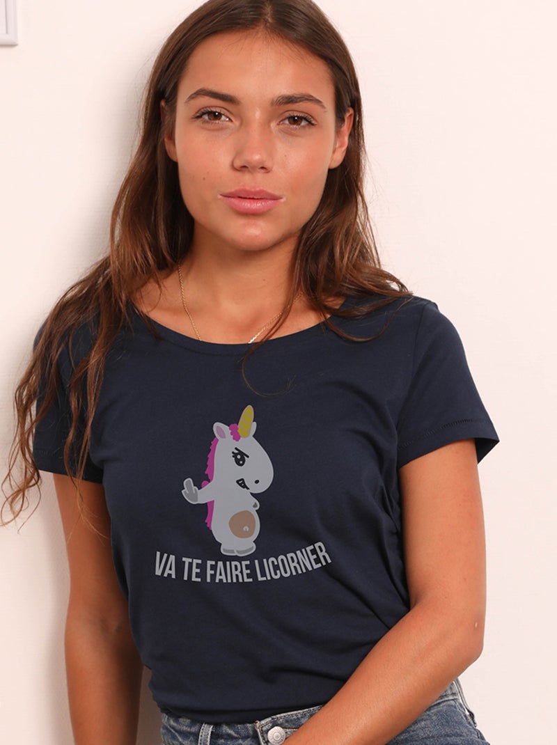 T-shirt Femme - VA TE FAIRE LICORNER Bleu marine - Kiabi