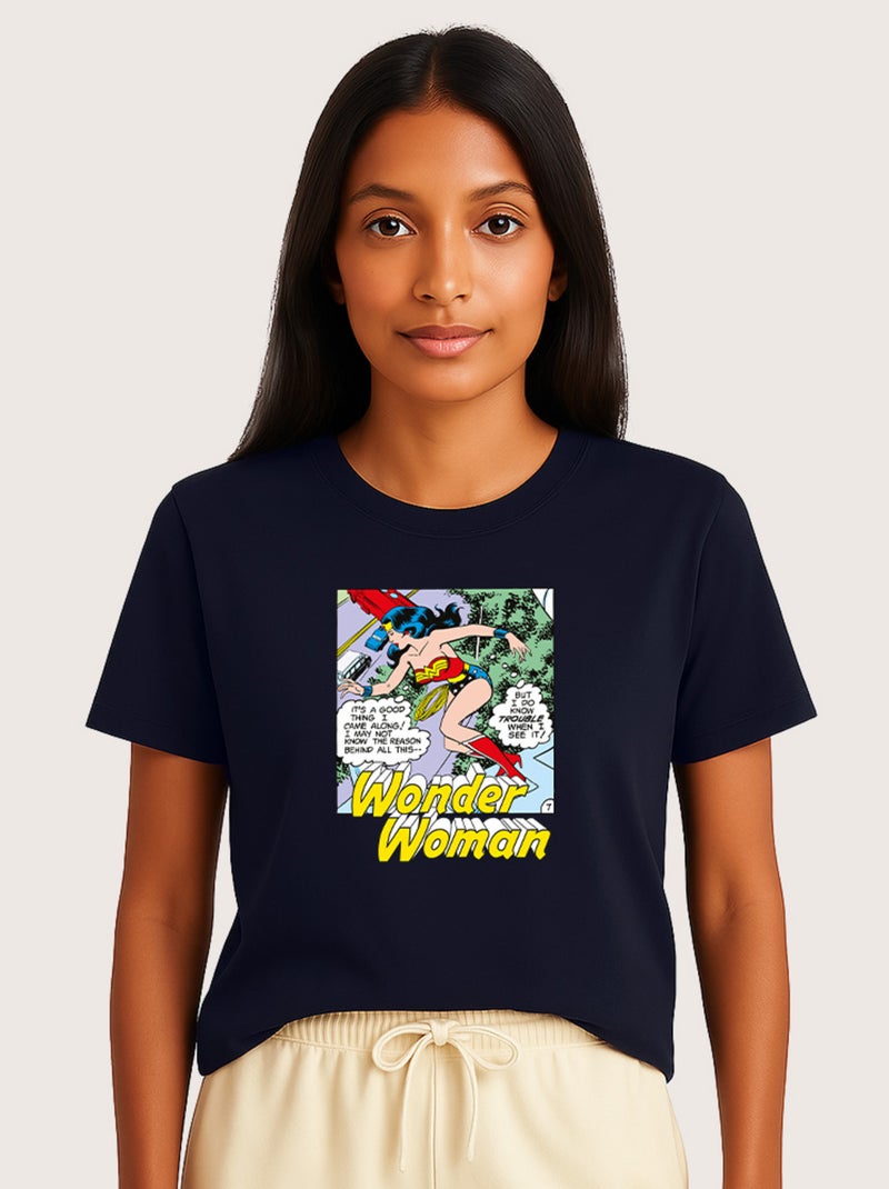 T-shirt Femme - WONDER WOMAN I DO KNOW TROUBLE WHEN I SEE IT Bleu marine - Kiabi