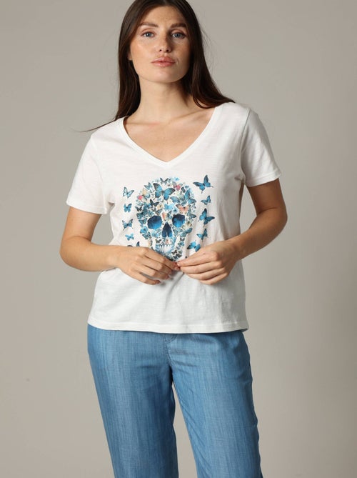 T-shirt femme 100% coton à manches courtes et col V avec motif imprimé glitter 'Deeluxe' - Kiabi