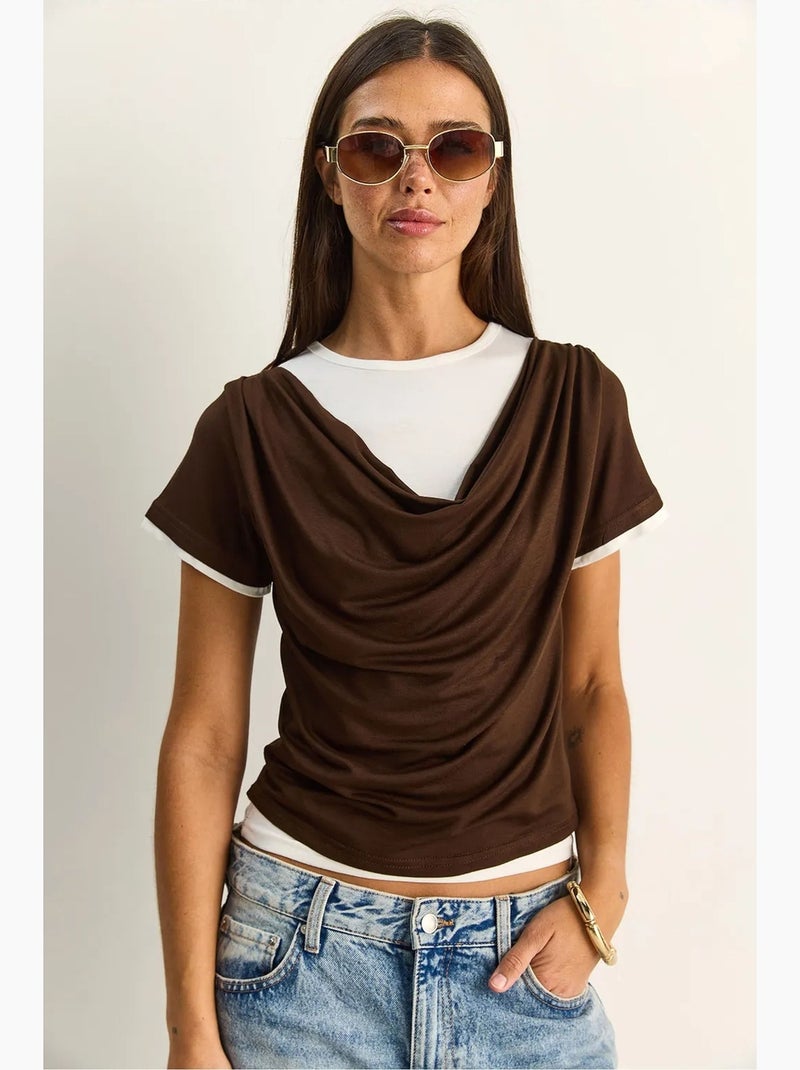 T-shirt femme à col bénitier et manches courtes lucci Marron chocolat - Kiabi