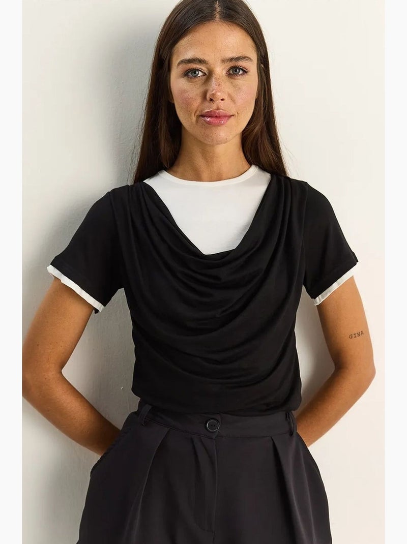 T-shirt femme à col bénitier et manches courtes lucci Noir - Kiabi