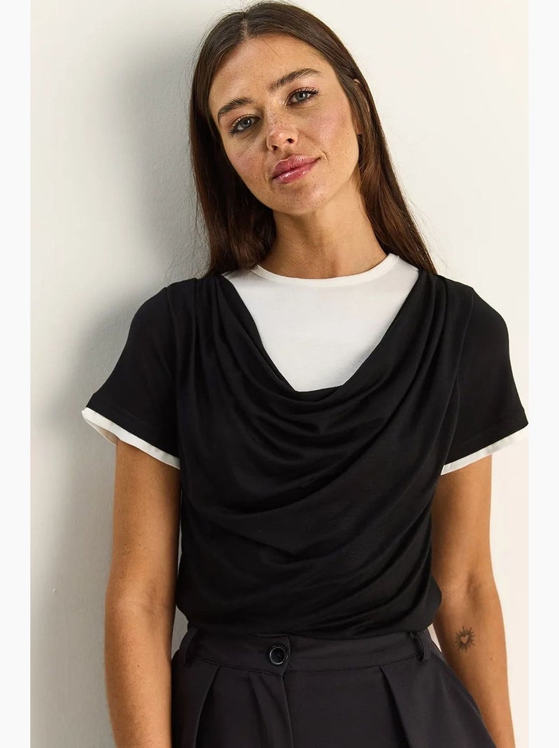 T-shirt femme à col bénitier et manches courtes lucci Noir - Kiabi