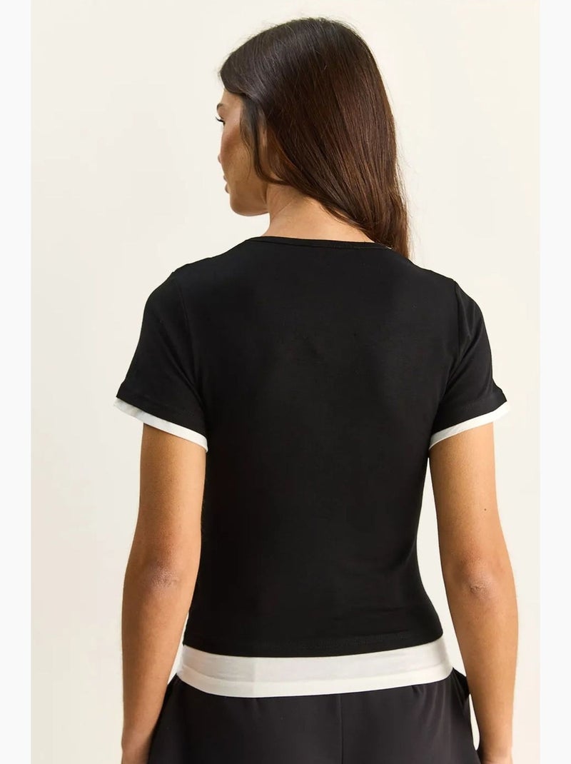 T-shirt femme à col bénitier et manches courtes lucci Noir - Kiabi
