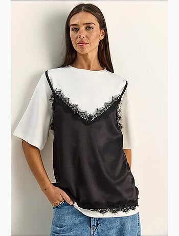 T-shirt femme à col rond et dentelle lucci
