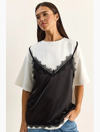 T-shirt femme à col rond et dentelle lucci