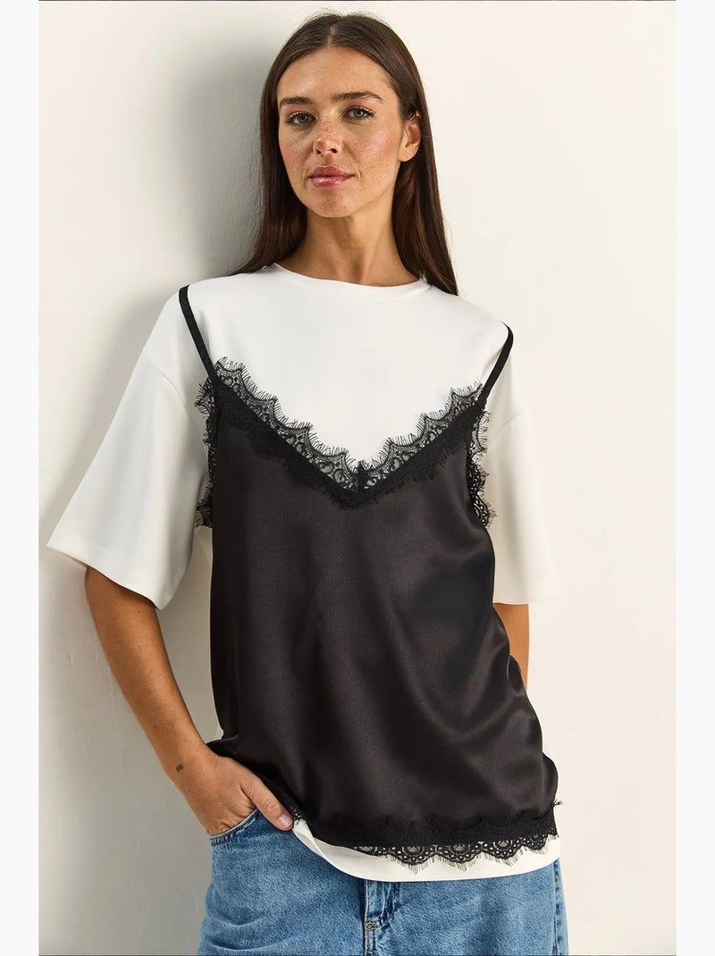 T-shirt femme à col rond et dentelle lucci Blanc - Kiabi