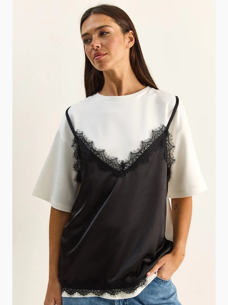 T-shirt femme à col rond et dentelle lucci Blanc - Kiabi