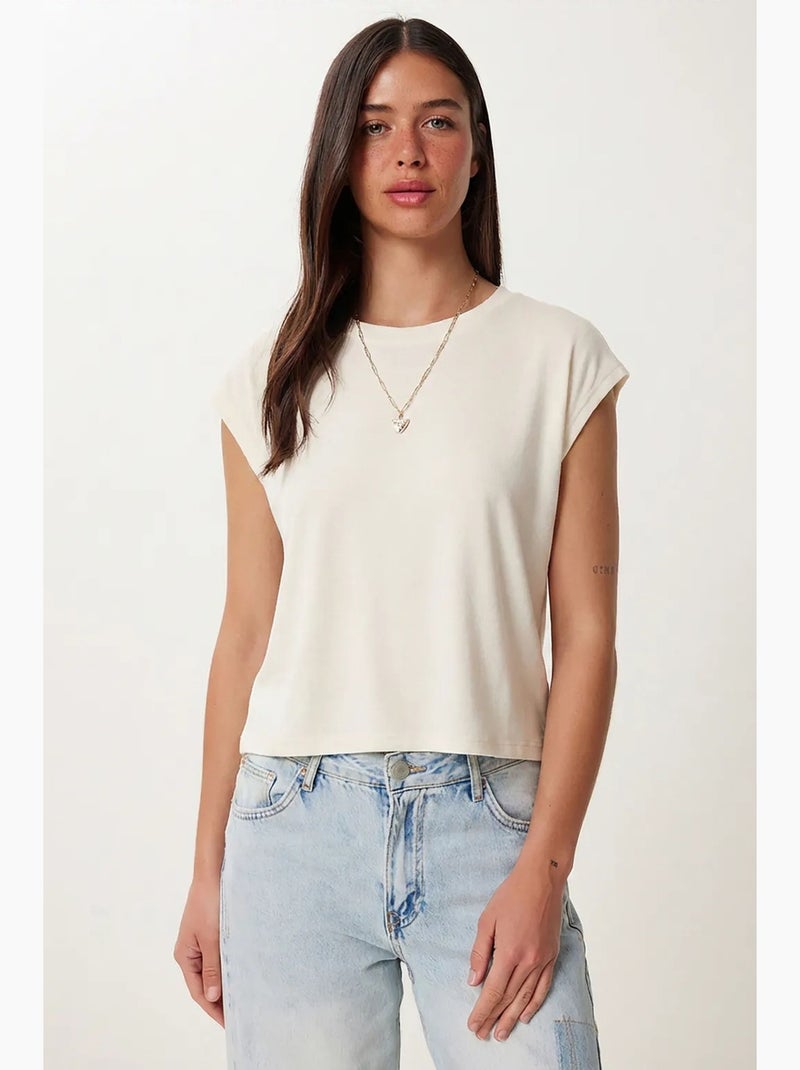 T-shirt femme à col rond et manches courtes istanbul Blanc Kaki - Kiabi