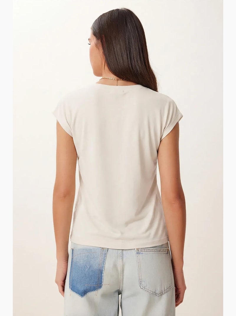 T-shirt femme à col rond et manches courtes istanbul Blanc Kaki - Kiabi