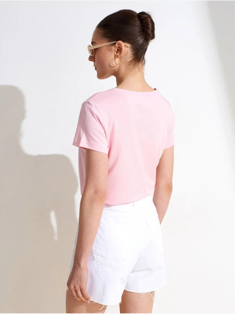 T-shirt Femme À Col Rond Et Manches Courtes Rose dragée - Kiabi