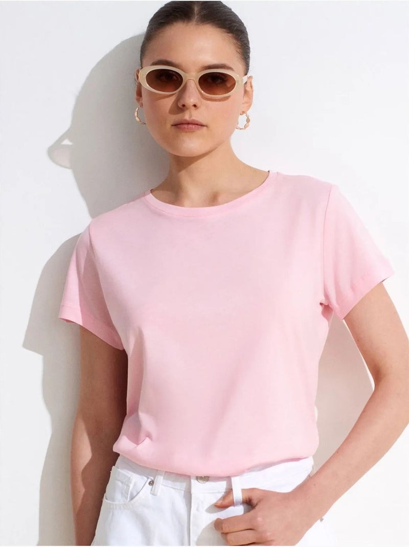 T-shirt Femme À Col Rond Et Manches Courtes Rose dragée - Kiabi