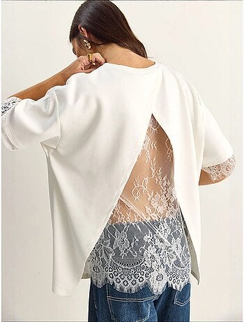 T-shirt femme à dentelle et col rond lucci