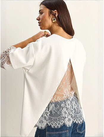 T-shirt femme à dentelle et col rond lucci