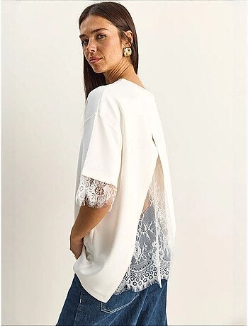 T-shirt femme à dentelle et col rond lucci