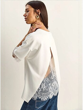 T-shirt femme à dentelle et col rond lucci