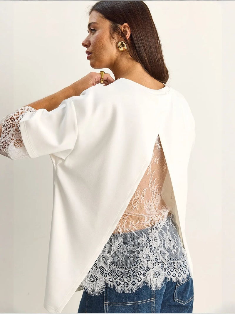 T-shirt femme à dentelle et col rond lucci Blanc cassé - Kiabi