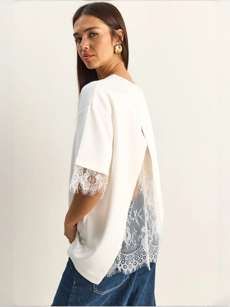 T-shirt femme à dentelle et col rond lucci Blanc cassé - Kiabi