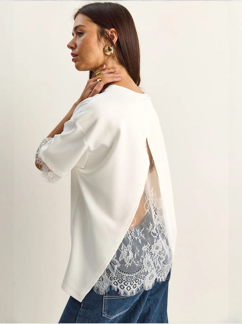 T-shirt femme à dentelle et col rond lucci Blanc cassé - Kiabi