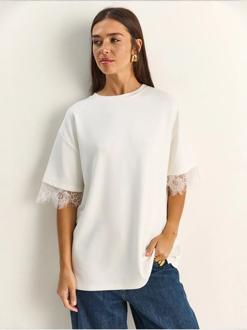 T-shirt femme à dentelle et col rond lucci Blanc cassé - Kiabi