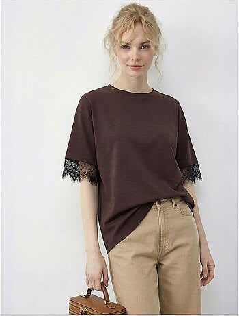 T-shirt femme à dentelle et col rond lucci