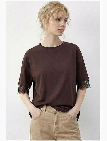 T-shirt femme à dentelle et col rond lucci