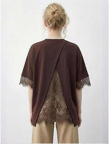 T-shirt femme à dentelle et col rond lucci