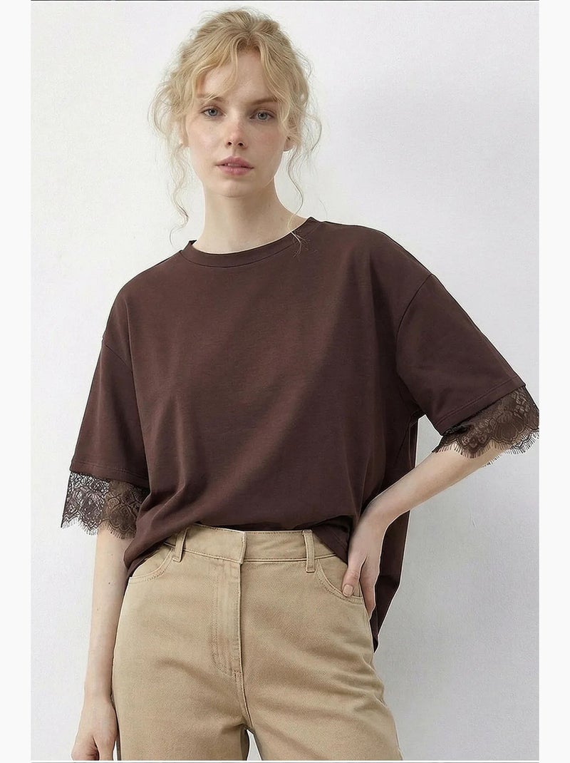 T-shirt femme à dentelle et col rond lucci Marron chocolat - Kiabi