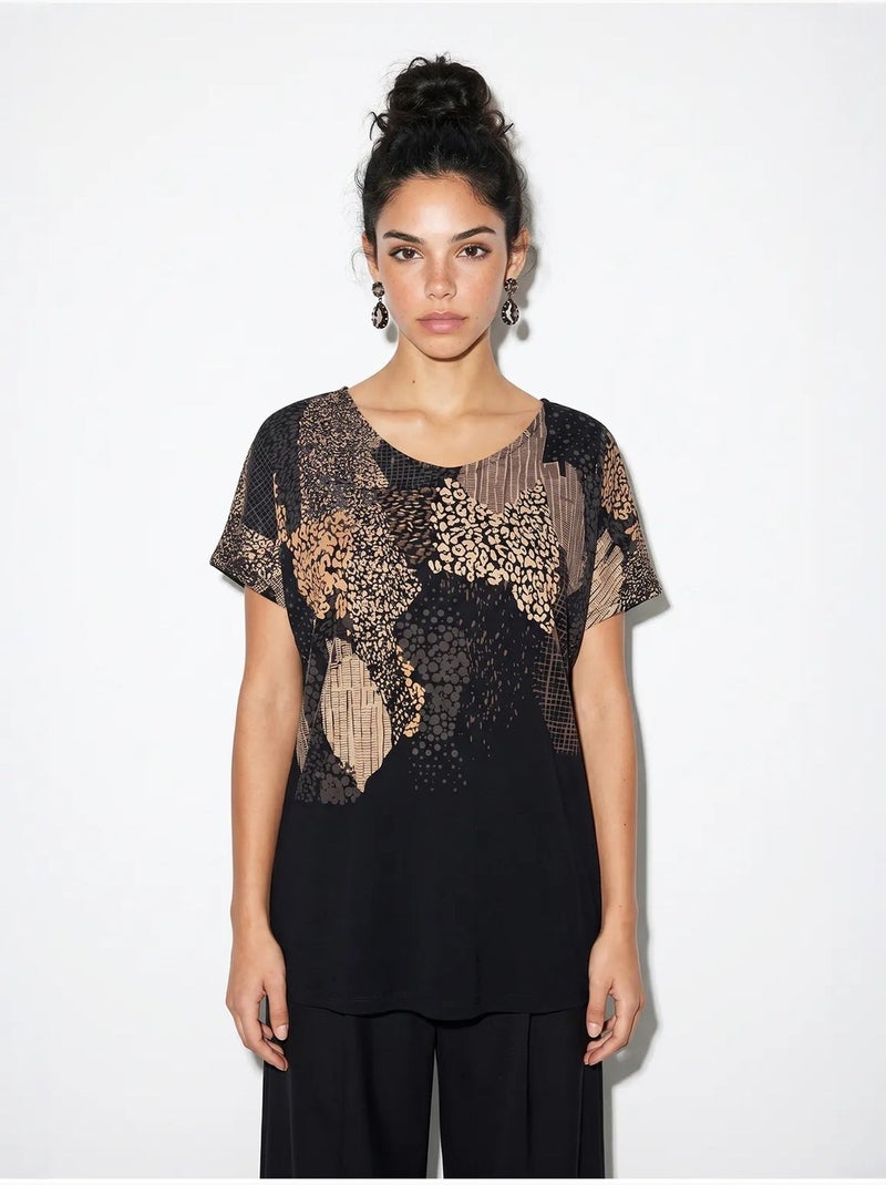 T-shirt femme à imprimé abstrait et col v lucci Multicolore - Kiabi