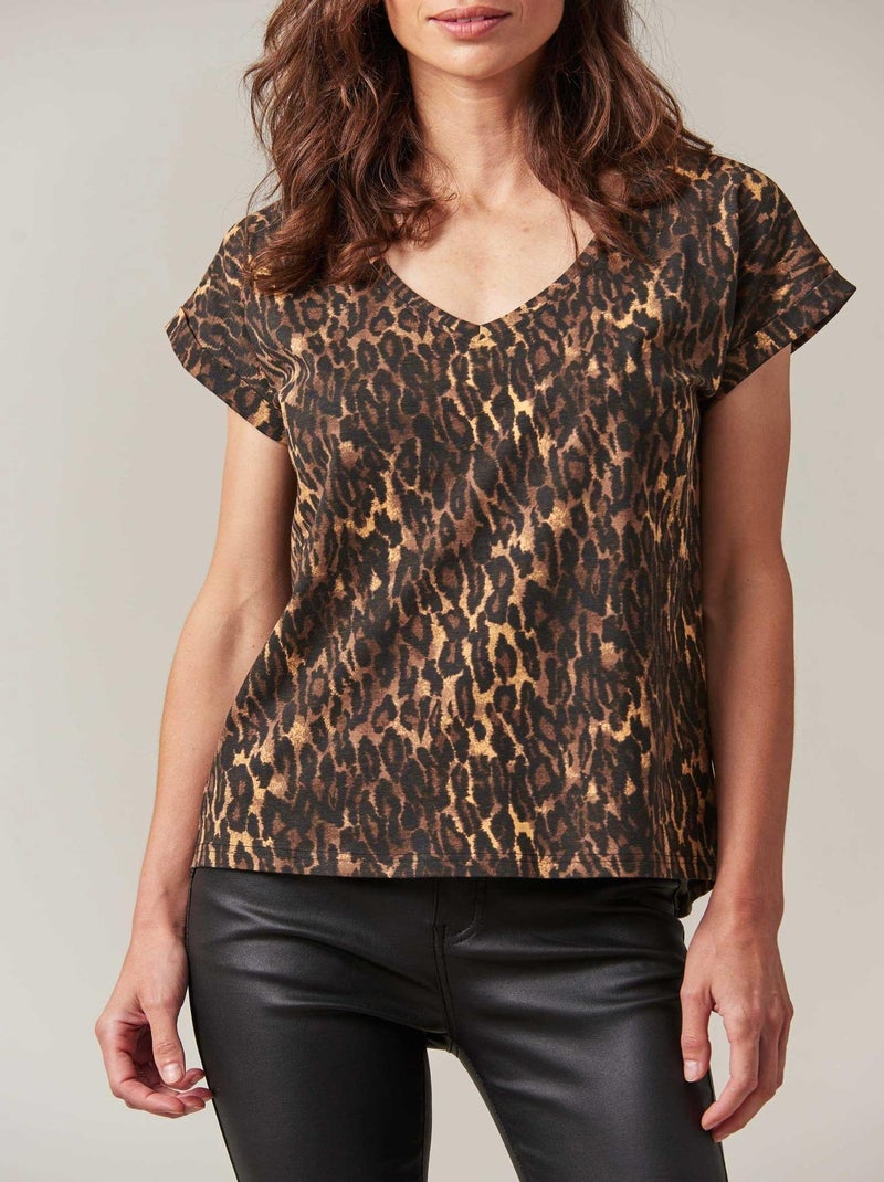 T-shirt femme à manches courtes et motif léopard 'Deeluxe' Noir - Kiabi
