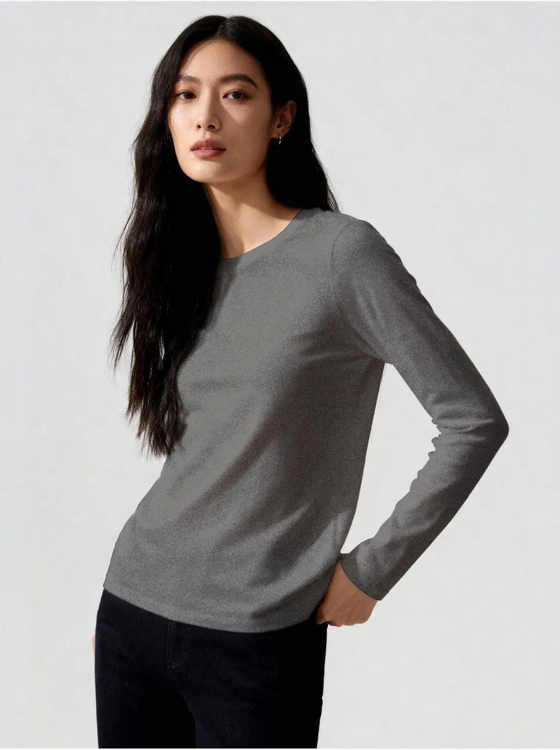 T-shirt femme à manches longues et col rond tommy Gris Noir - Kiabi