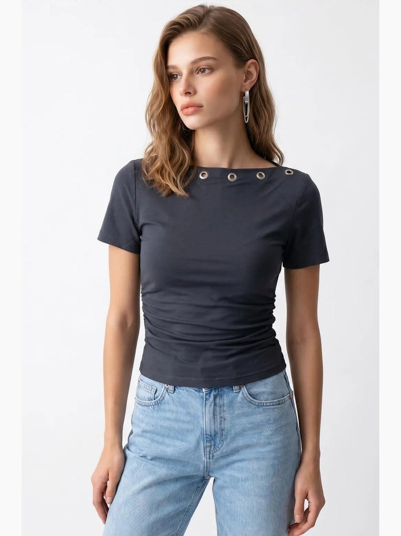 T-shirt femme ajusté à col bateau mixray Gris Noir - Kiabi