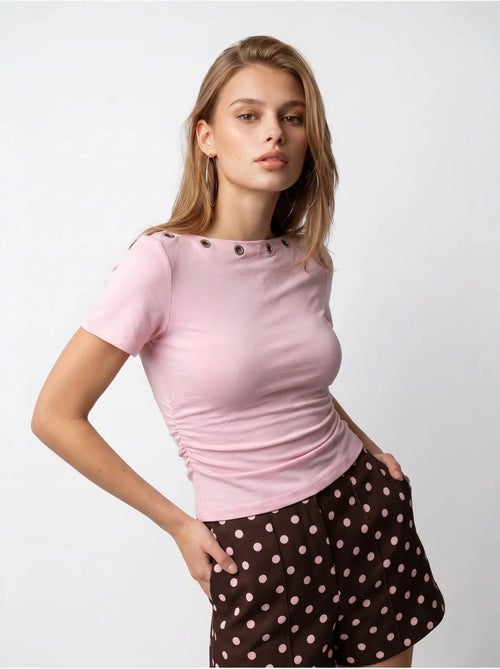 T-shirt femme ajusté à col bateau mixray - Kiabi T-shirt femme ajusté à col bateau mixray - Kiabi
