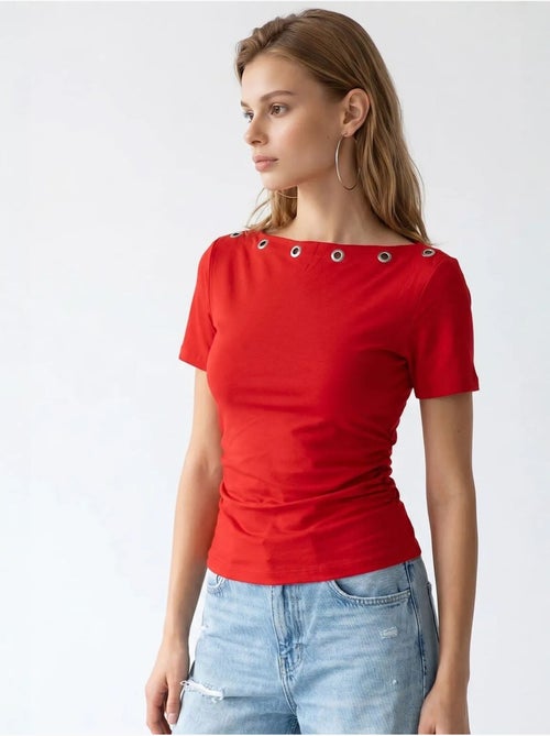 T-shirt femme ajusté à col bateau mixray - Kiabi T-shirt femme ajusté à col bateau mixray - Kiabi