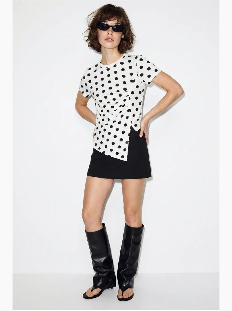 T-shirt femme ajusté à pois, col rond lucci Blanc Noir - Kiabi